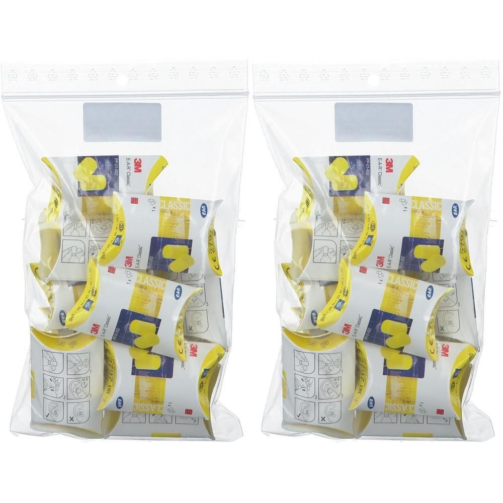 Twee transparante zakken met gele oordopjes. Elke zak bevat meerdere verpakkingen met gele oordopjes.