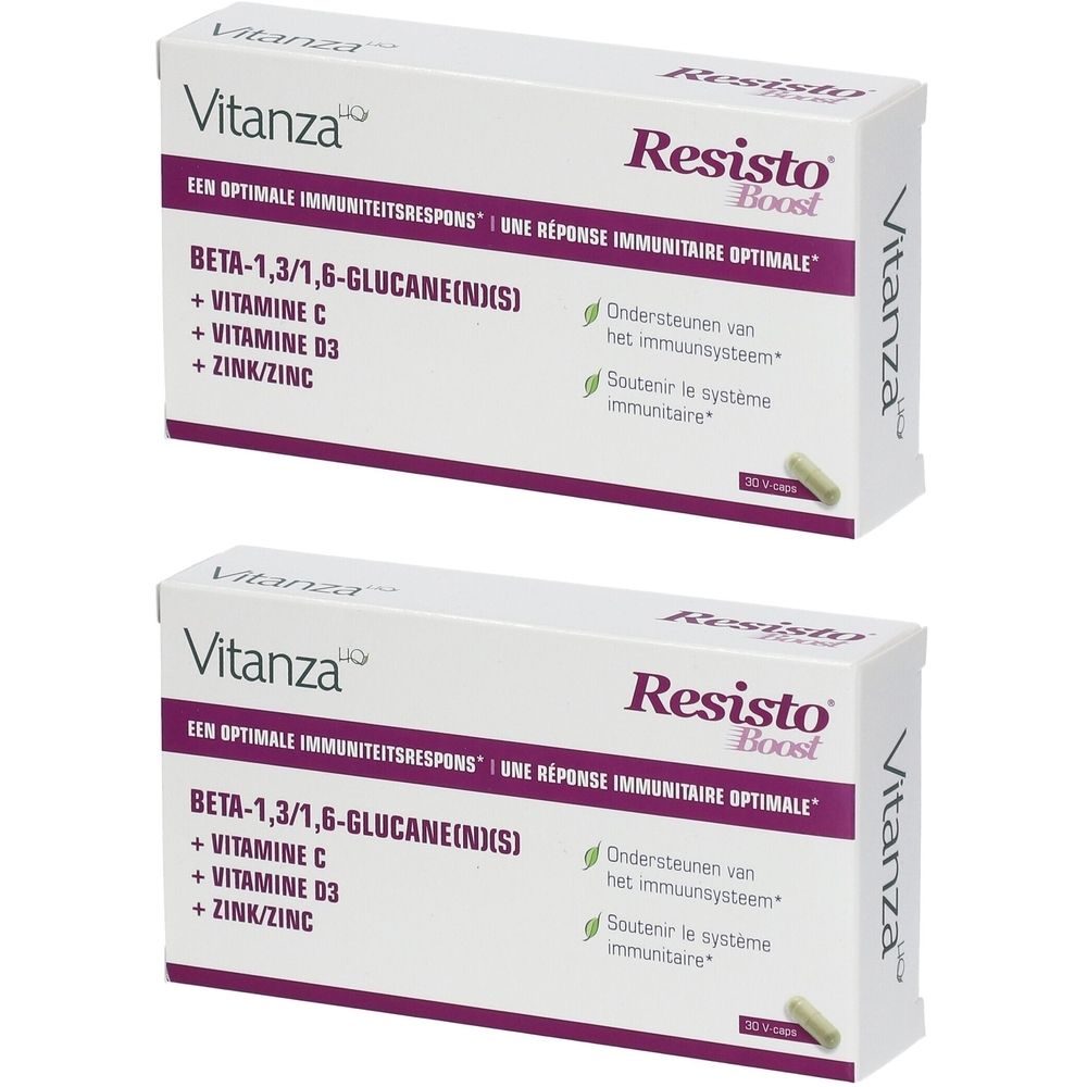 Deux boîtes de Vitanza Resisto Boost. Inscription : Beta-1,3/1,6-Glucane(N)(S), Vitamine C, Vitamine D3, Zinc/Zinc. Contient 20 gélules.