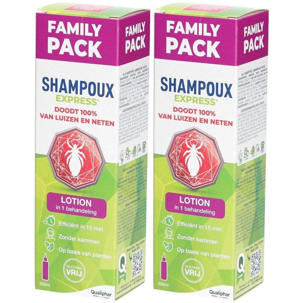 Twee verpakkingen Shampoux Express Lotion Family Pack. Groen-wit-paarse verpakking met productinformatie en logo.