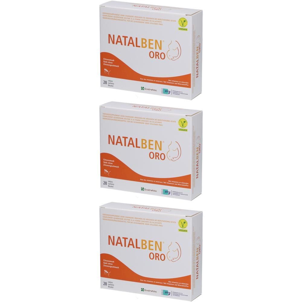 Trois boîtes Natalben Oro, blanches avec texte et logo orange. Contient 28 gélules. Label végan.