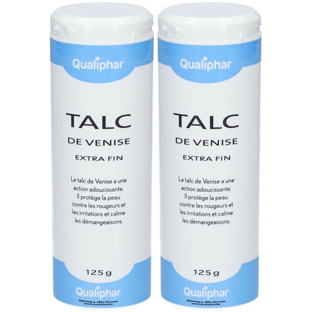 Twee witte flacons met blauwe band. Opschrift: Qualiphar, TALC DE VENISE, EXTRA FIN. Franse tekst en 125g.