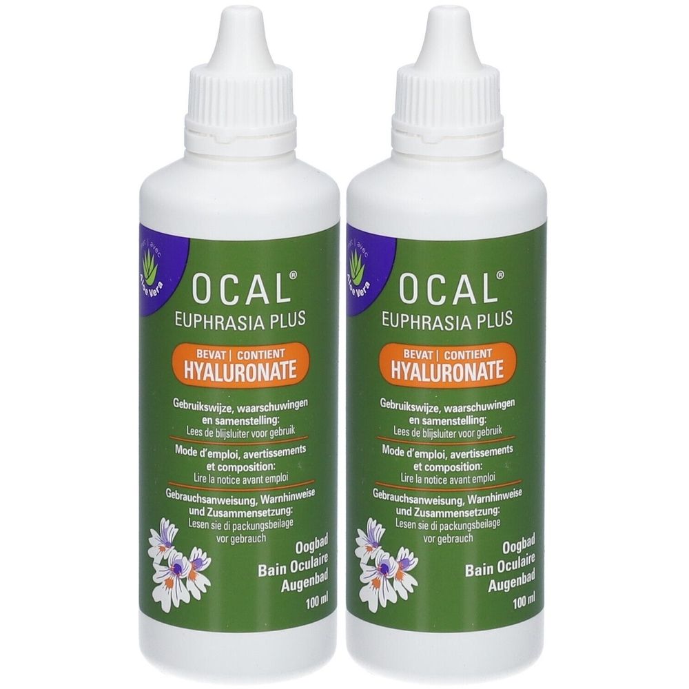 Deux flacons blancs Ocal Euphrasia Plus. Étiquettes vertes avec texte et logo. Contient de l'hyaluronate. Bain oculaire.