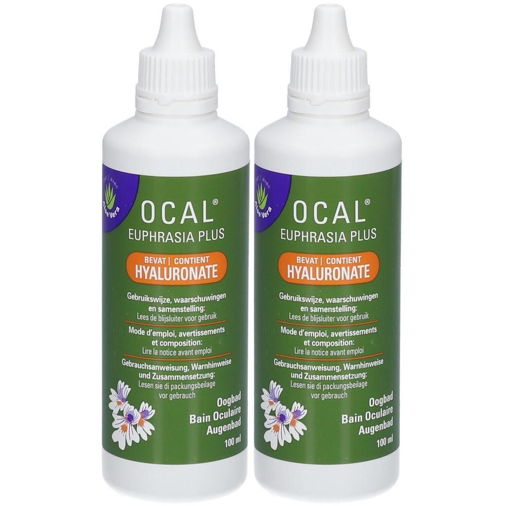 Twee flessen Ocal Euphrasia Plus. Witte flessen met groene etiketten en paarse accenten. Bevat hyaluronaat.