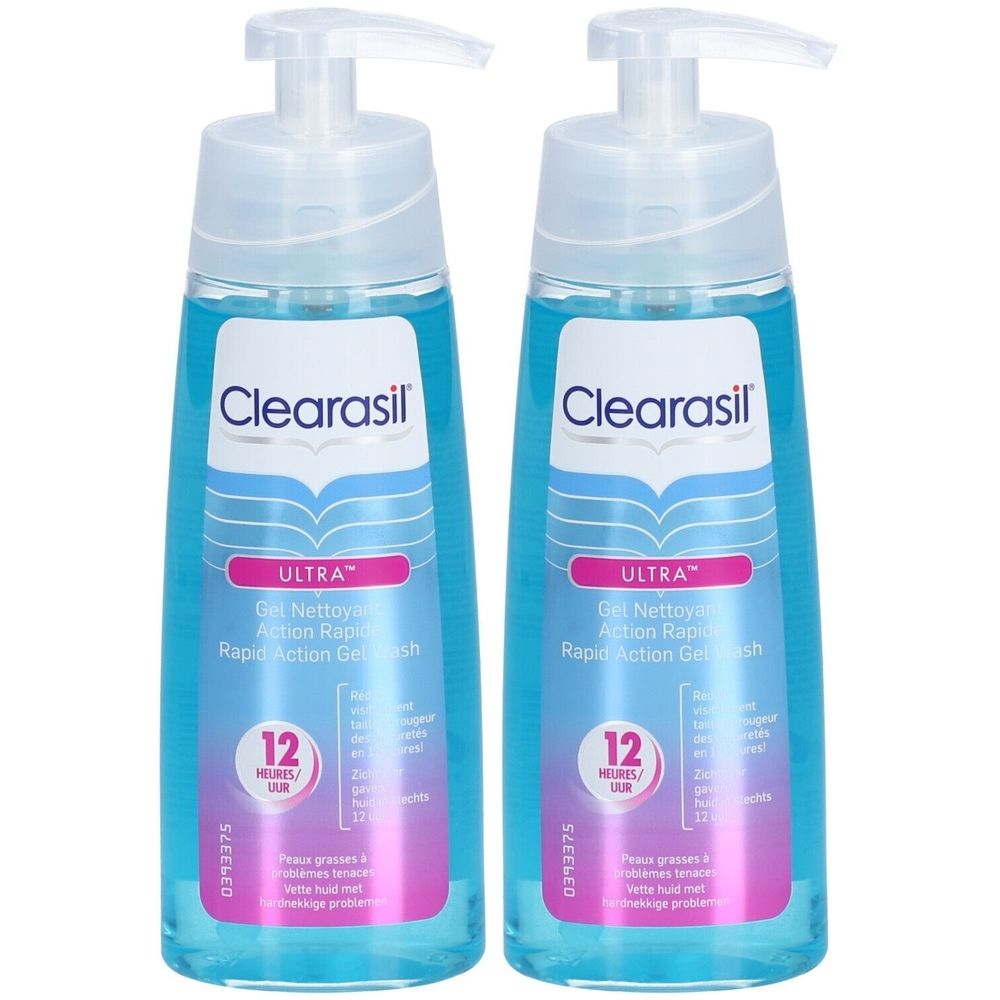 Deux flacons de Clearasil Ultra Gel Nettoyant Action Rapide avec pompe. Liquide bleu, bouchon blanc, texte du produit visible.
