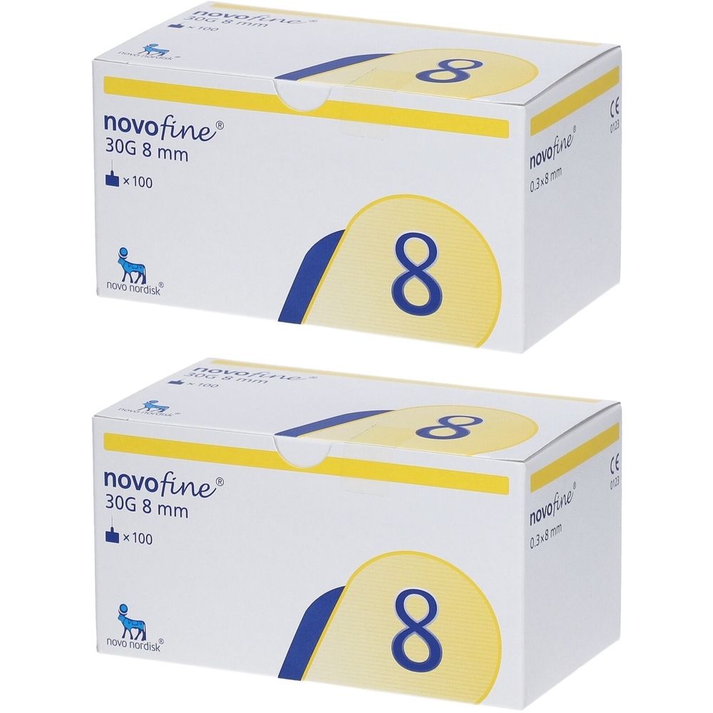 Deux boîtes blanches avec "novofine 30G 8 mm". Chaque boîte affiche un grand "8" bleu.