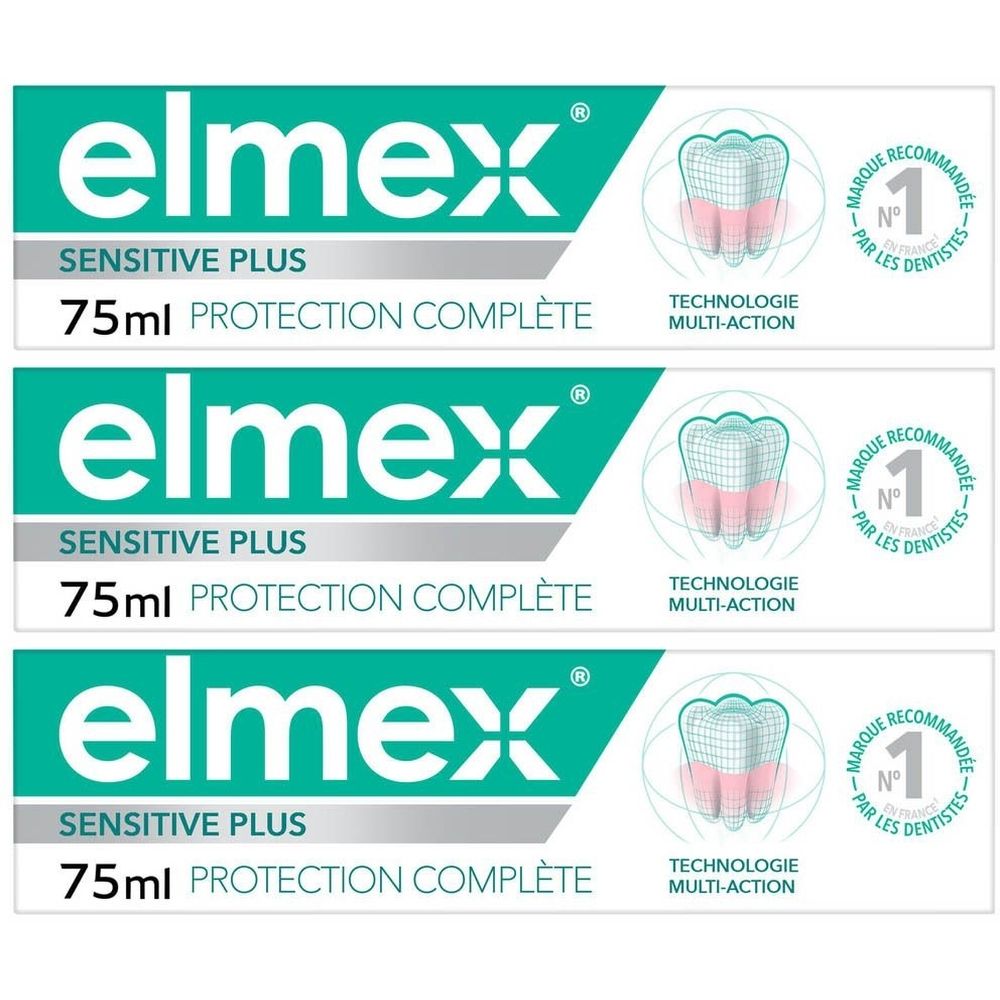 Trois tubes elmex® Sensitive Plus, 75ml, avec 'Sensitive Plus' et 'Protection Complète'. Illustration dentaire.