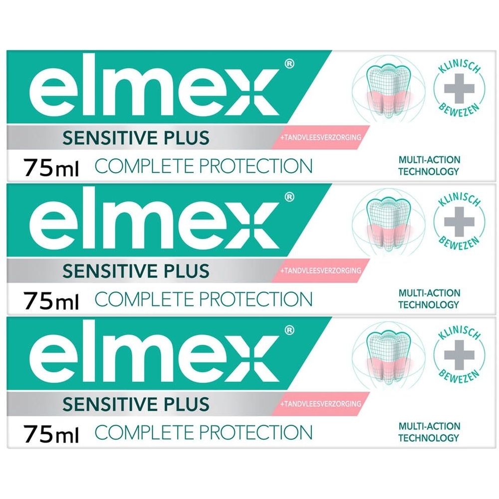 Drie tubes elmex® Sensitive Plus, 75ml, met 'Sensitive Plus' en 'Complete Protection'. Afbeelding van een tand.