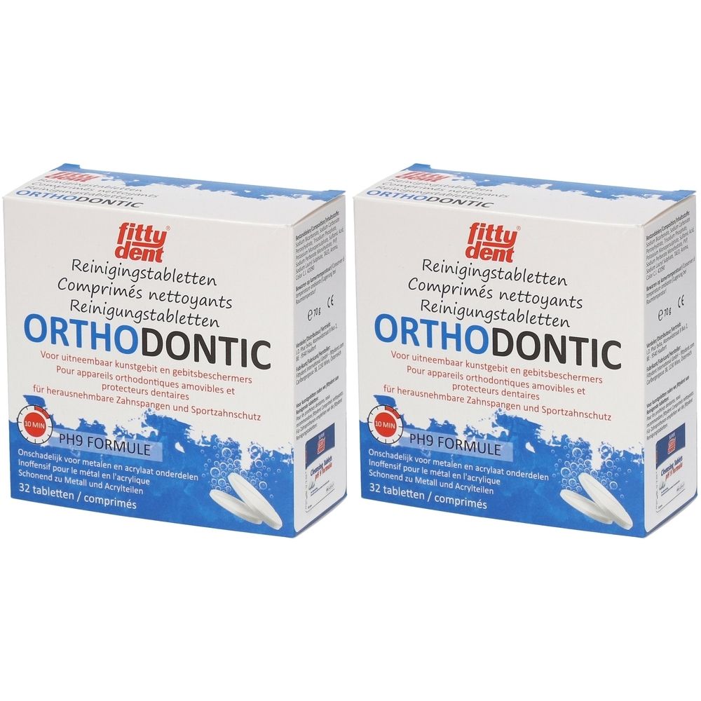 Twee dozen Fittydent Ortho reinigingstabletten. Opschrift Orthodontic, pH9 formule. 32 tabletten per doos.