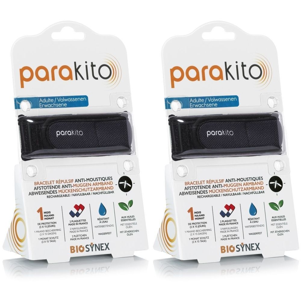 Deux bracelets noirs ParaKito dans leur emballage. Texte: Bracelet Répulsif Anti-Moustiques, Bio Synex.