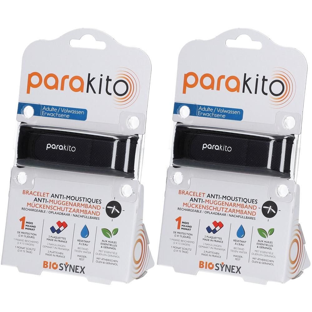 Twee zwarte ParaKito armbanden in verpakking. Tekst: Anti-muggen armband. Verpakking met logo's en tekst.