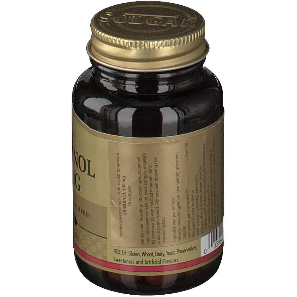 Achterkant van een fles Solgar Ubiquinol 100 mg. Bruine glazen fles met gouden dop. Tekst op etiket.