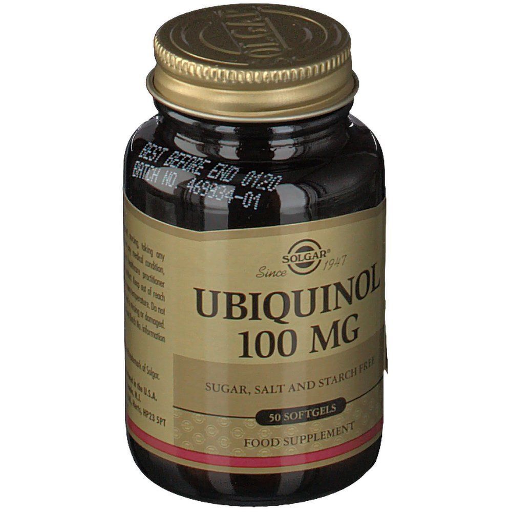 Een fles Solgar Ubiquinol 100 mg. Bruine glazen fles met gouden dop. Opschrift: Ubiquinol 100 mg.