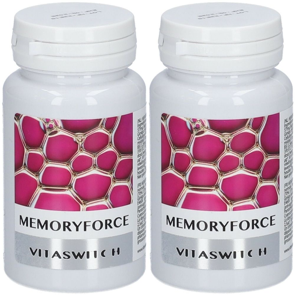Deux flacons blancs avec étiquette Memoryforce. L'étiquette indique Memoryforce et VitaSwitch. Les flacons ont un couvercle blanc.