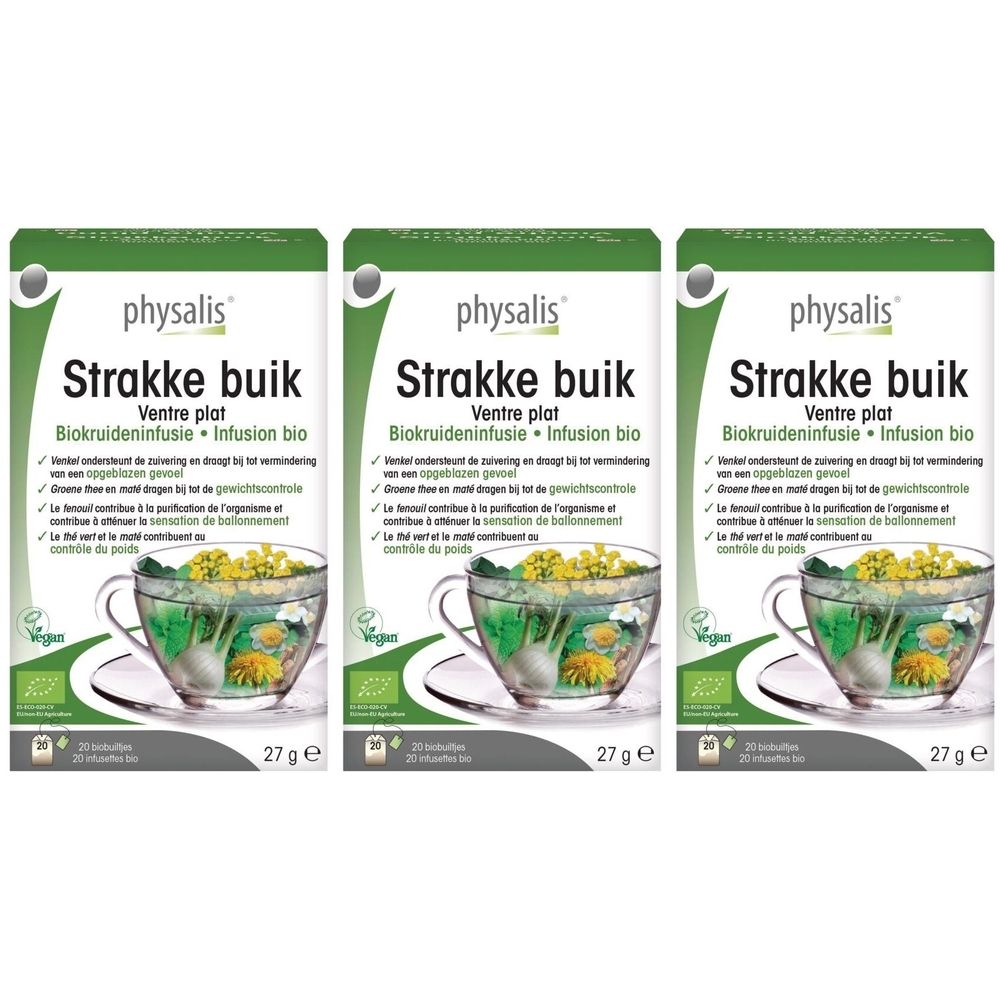 Drie verpakkingen kruidenthee. Opschrift: Strakke buik, Ventre plat, Biokruideninfusie, Infusion bio. Met logo en info.