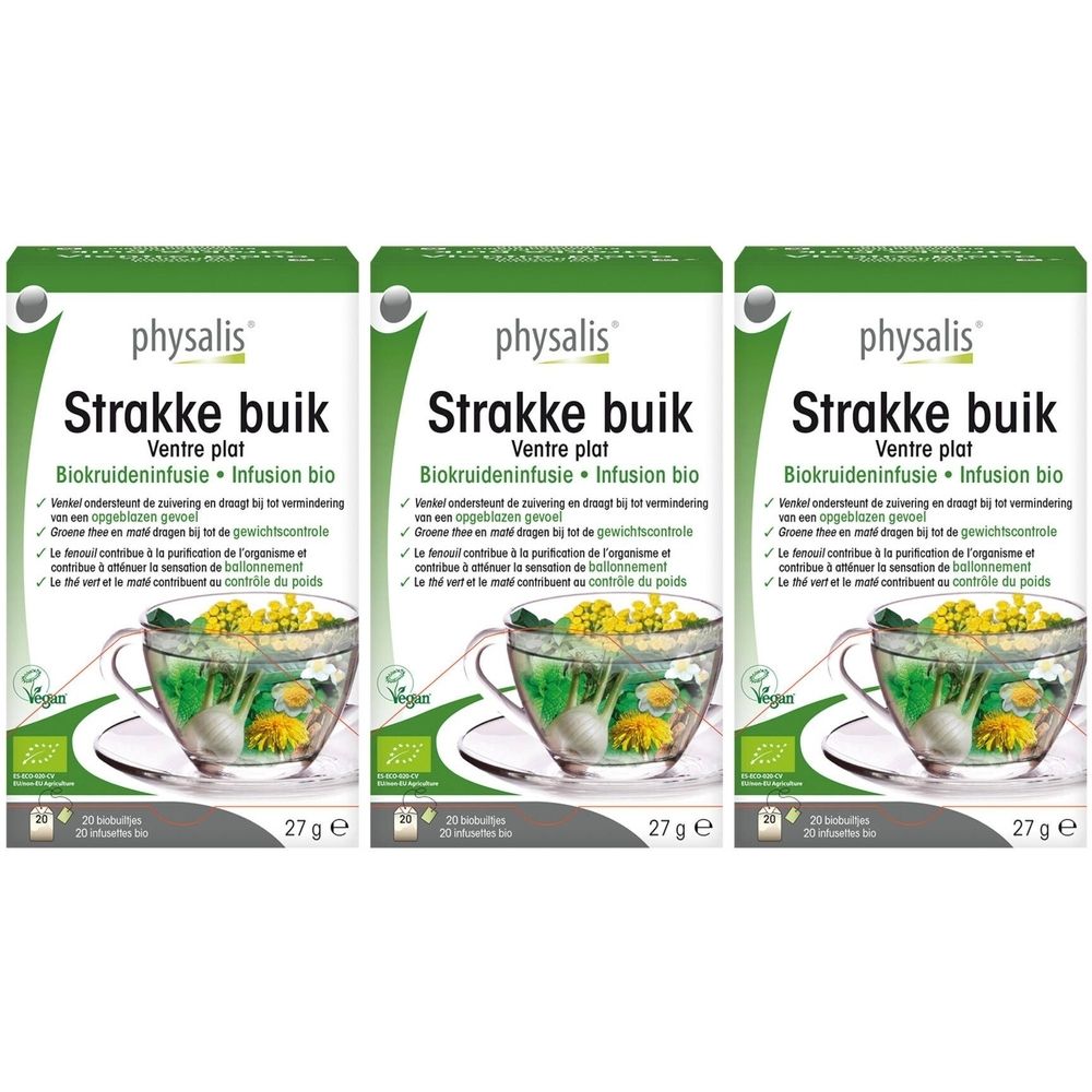 Trois boîtes de Physalis Ventre Plat Infusion Bio. Emballage vert et blanc avec nom du produit et illustration de tasse.