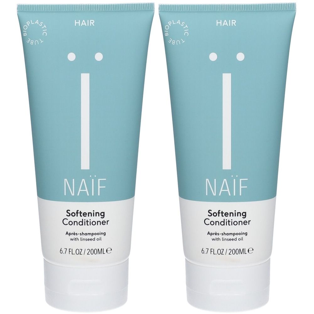 Deux tubes de conditionneur Naïf. Bleu clair, base blanche. Inscription : Softening Conditioner, 6.7 FL.OZ/200ML. Avec huile de lin.