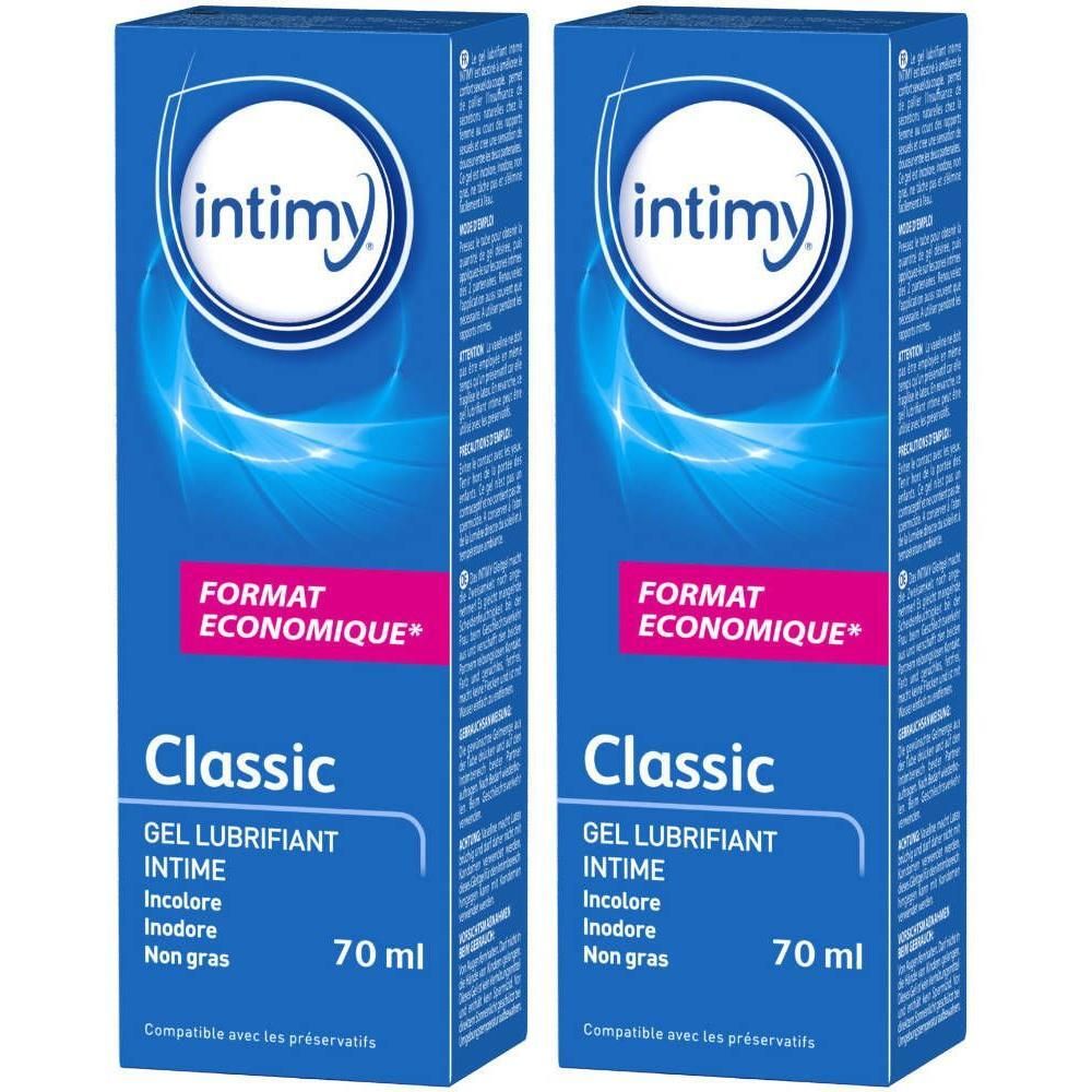 Deux boîtes bleues avec logo "intimy". Inscription "Classic Gel lubrifiant intime". "Format économique" et "70 ml" sont également visibles.