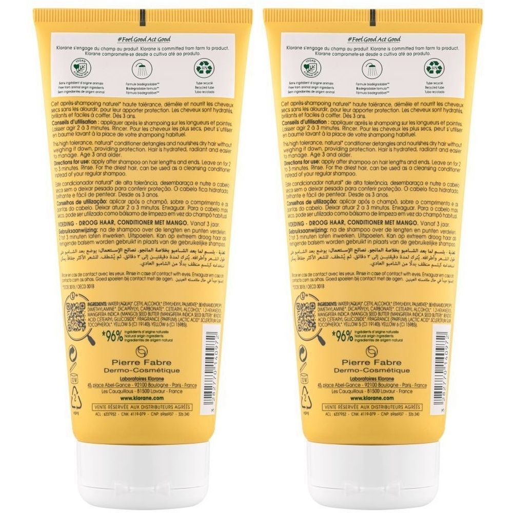 Achterkant van twee gele Klorane tubes. Tekst en logo's. 96% ingrediënten van natuurlijke oorsprong. Fabrikant: Pierre Fabre.