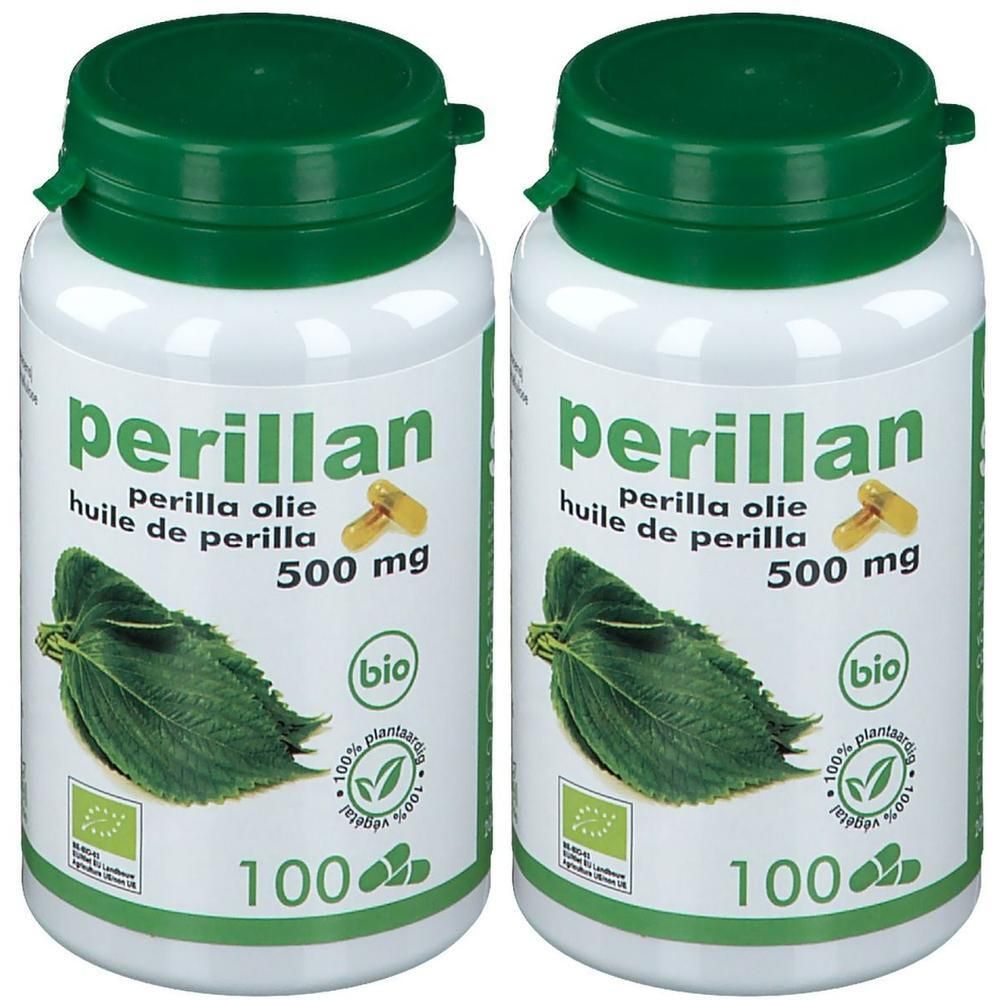Twee witte flessen met groene dop. Opschrift: Perillan, huile de perilla, 500 mg, bio-label. Illustratie van blad en capsule.