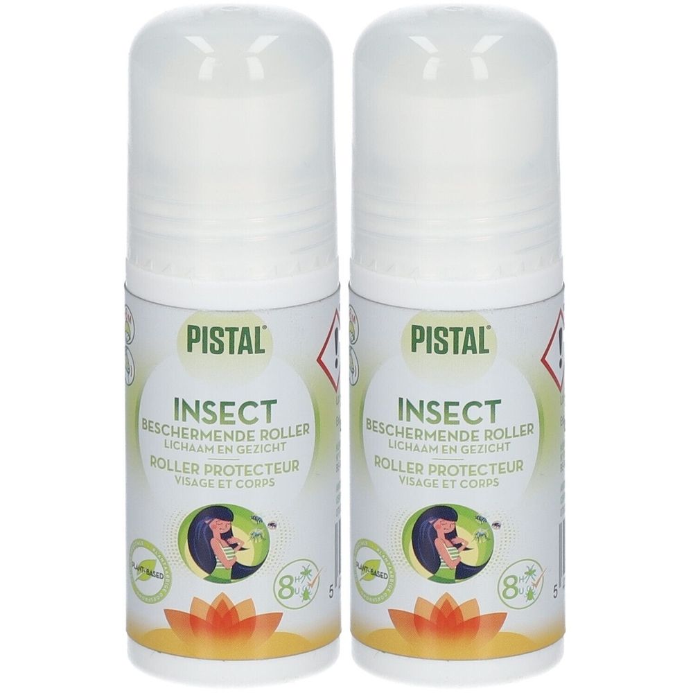 Twee Pistal Insect rollers. Witte houder met rolkop. Opschrift: Insect, Roller Protecteur Visage et Corps.