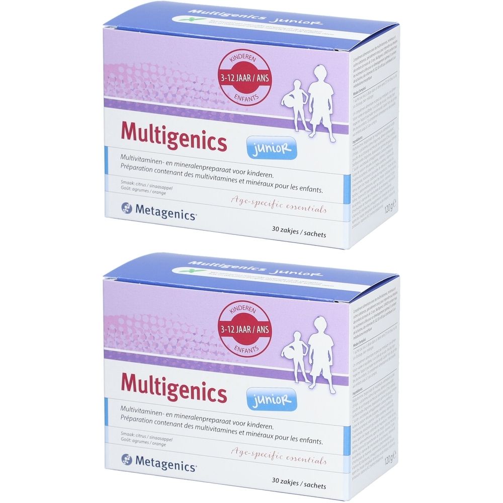 Deux boîtes de 'Multigenics Junior'. Inscription: Multivitamines et minéraux pour enfants. Contient 30 sachets. Marque: Metagenics.