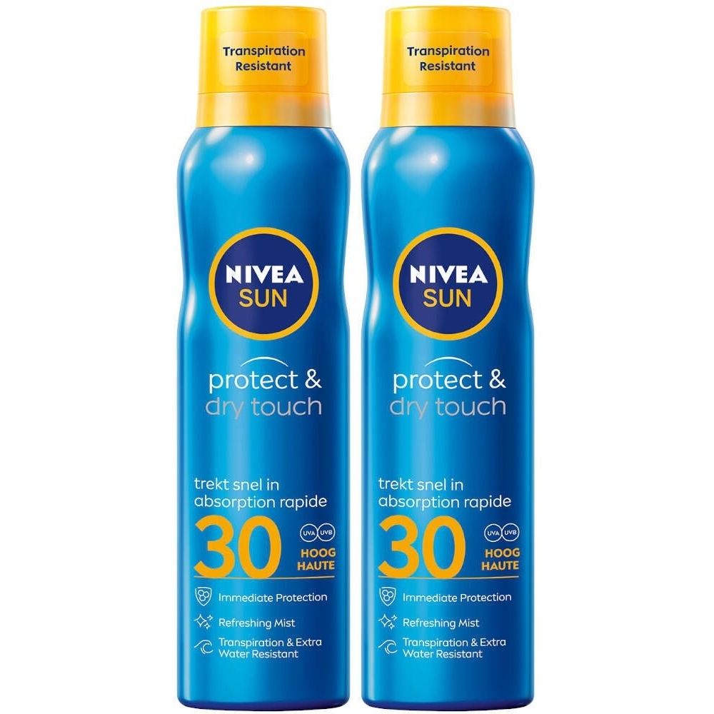 Deux sprays bleus avec bouchons jaunes. Inscription: Nivea Sun Protect & Dry Touch SPF30. Texte en néerlandais et français.
