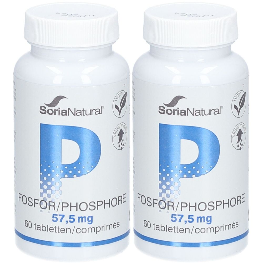 Deux flacons blancs de Soria Natural Phosphore. Inscription: FOSFOR/PHOSPHORE, 57,5 mg, 60 comprimés. Label vegan.