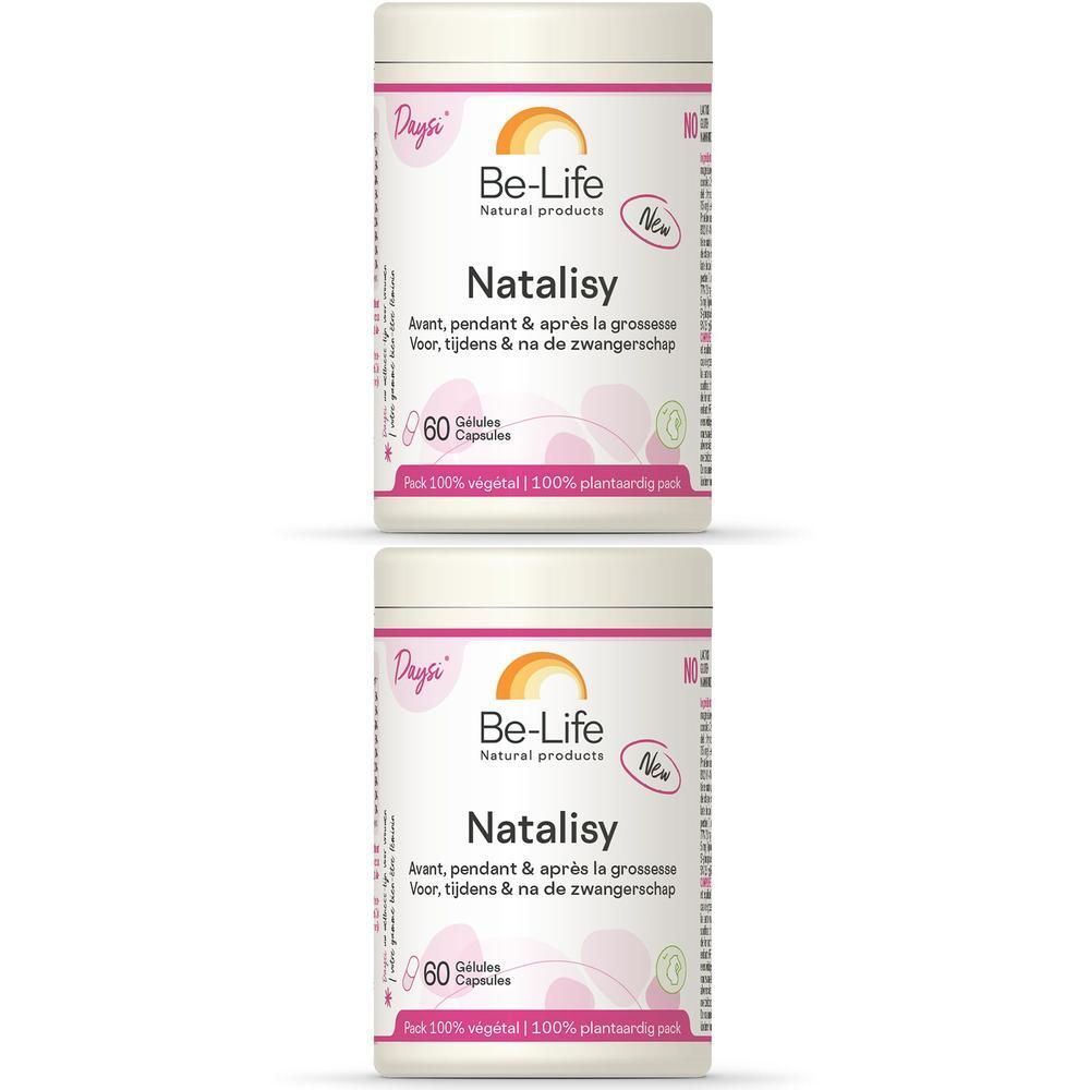 Twee witte potten met etiketten. Opschrift: Be-Life Natalisy, 60 capsules. Roze en oranje elementen.