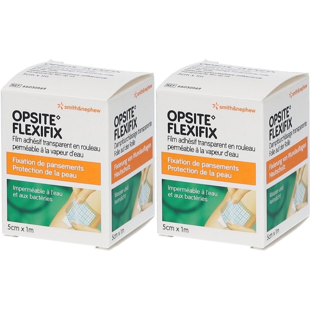 Twee dozen Opsite Flexifix. Opschrift: Film adhésif transparent en rouleau, 5cm x 1m. Smith & Nephew logo. Fixation de pansements, Protection de la peau.