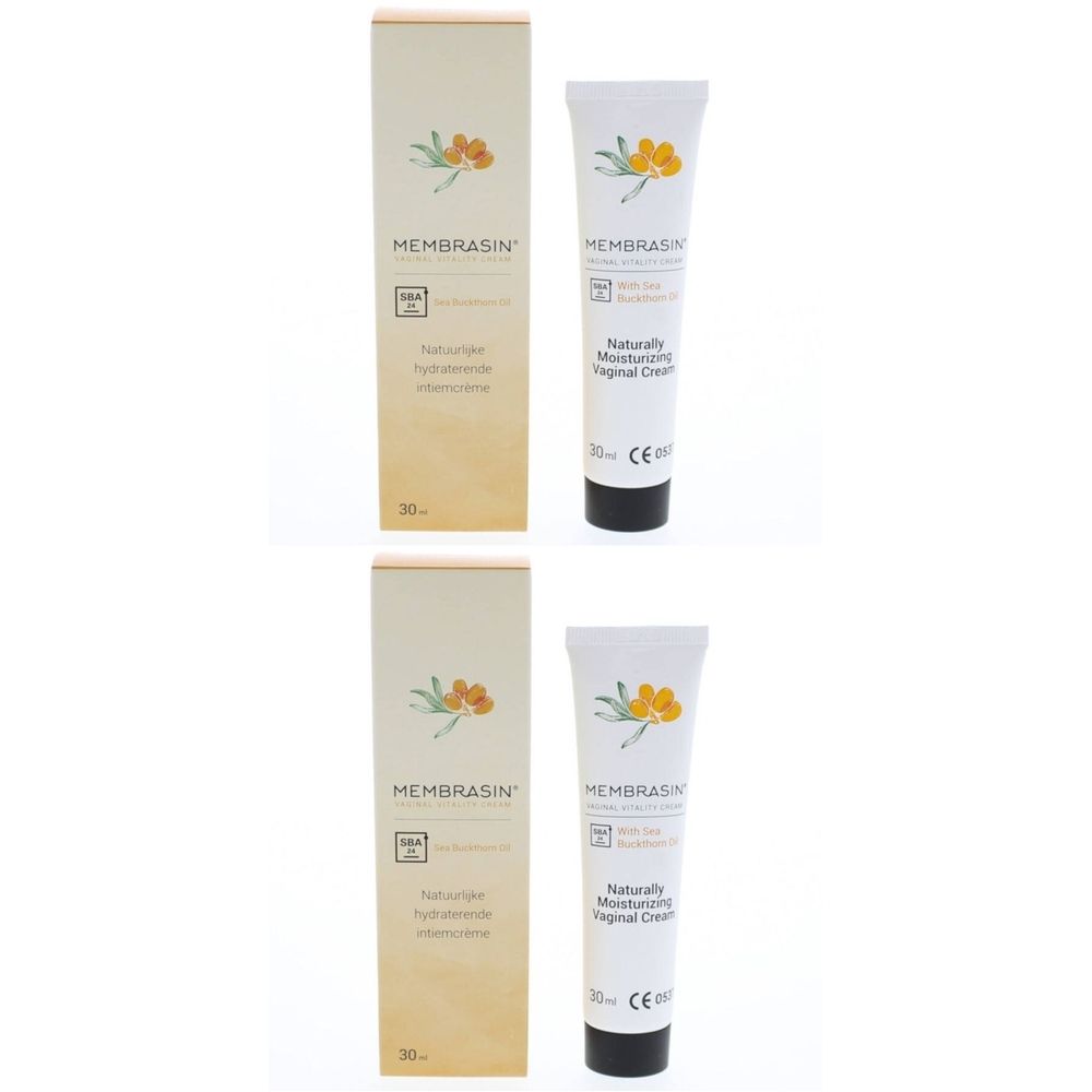 Twee tubes en dozen. Opschrift: Membrasin, Naturally Moisturizing Vaginal Cream. Op de doos: duindoorn.