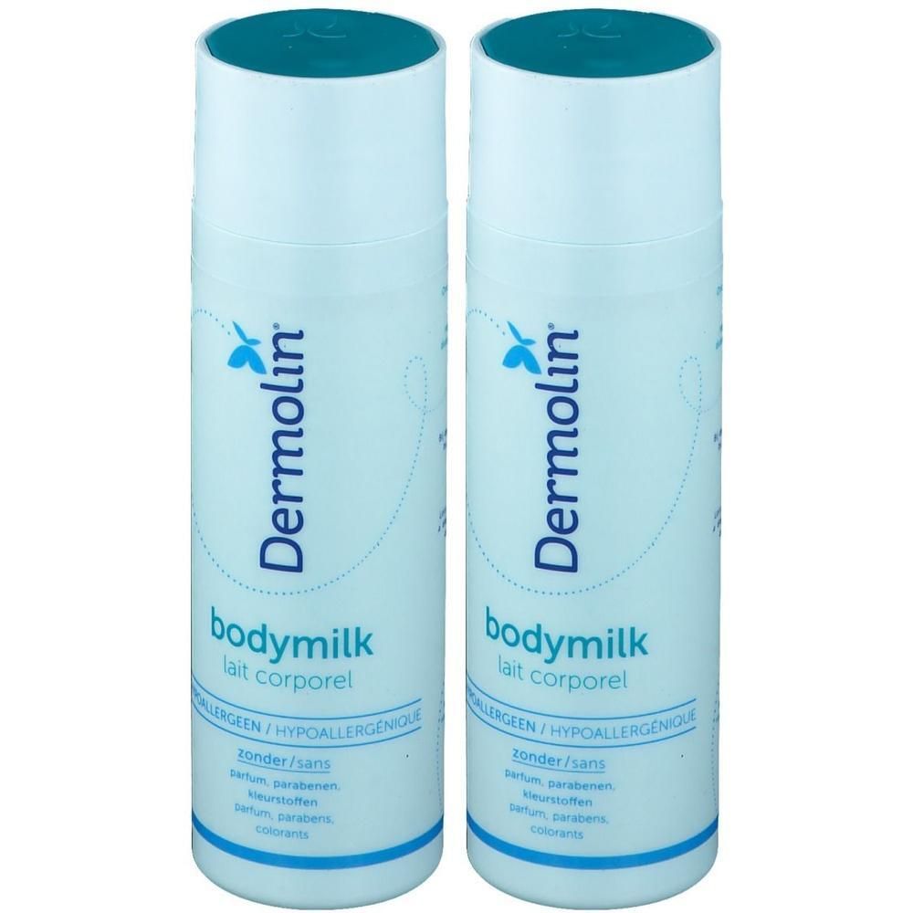 Twee flessen Dermolin Bodymilk. Lichtblauwe flessen met witte dop. Opschrift: Dermolin, Bodymilk, lait corporel.