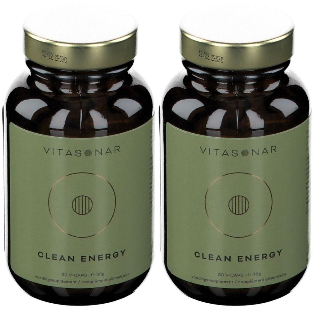 Twee bruine glazen flessen met gouden doppen. De etiketten tonen "VITASONAR" en "CLEAN ENERGY".