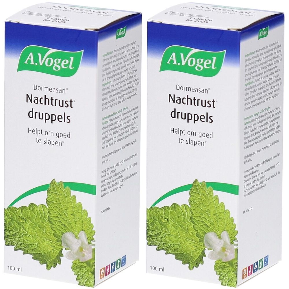 Deux boîtes de A.Vogel Dormeasan Nachtrust druppels. Inscription : Helpt om goed te slapen. Emballage vert et blanc avec logo.