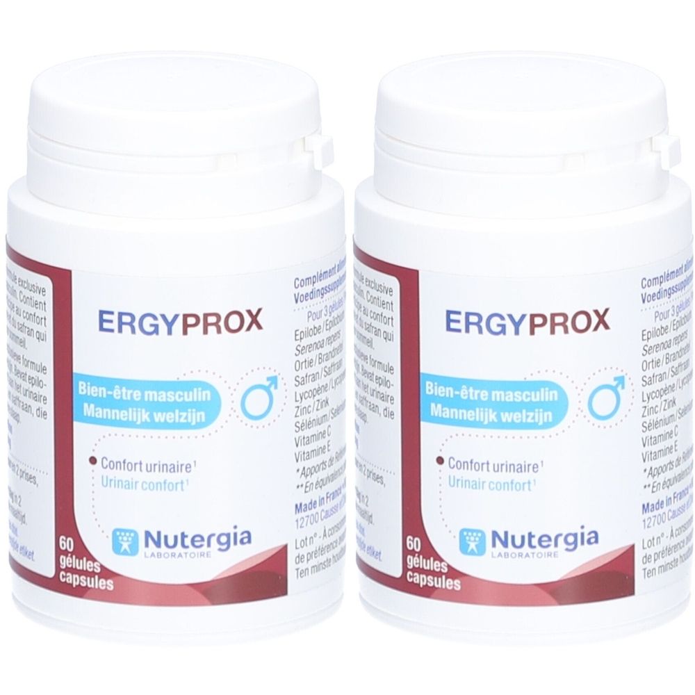 Twee witte flessen met etiketten. Opschrift: ERGYPROX, Bien-être masculin, 60 gélules capsules. Merk: Nutergia.