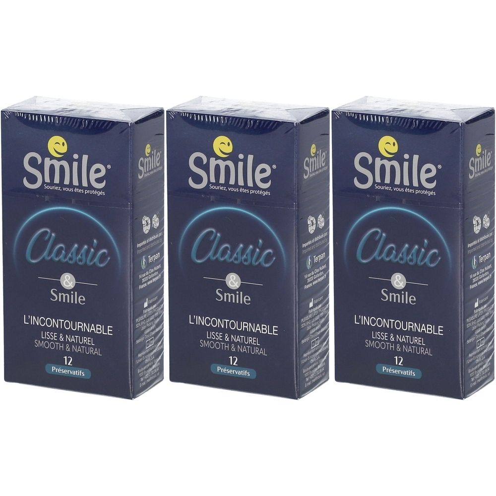 Drie dozen condooms. Elke doos toont "Smile Classic", "Lisse & Naturel" en het aantal 12.