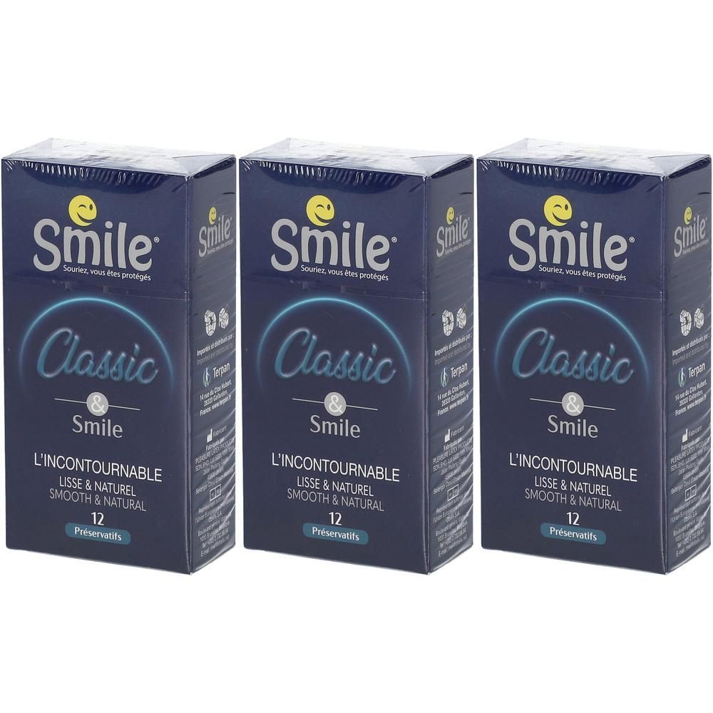 Trois boîtes de préservatifs "Smile Classic". Emballage bleu avec logo jaune et texte. Contient 12 préservatifs.