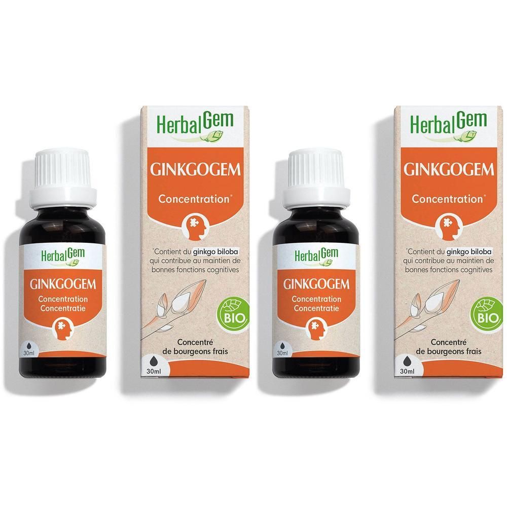 Drie flesjes en twee dozen HerbalGem GINKGOGEM. Opschrift: Concentratie, Bio. Concentraat van verse knoppen.