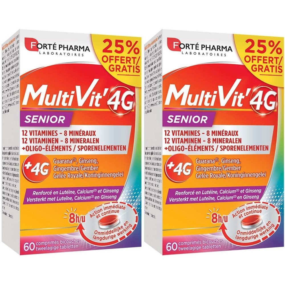 Deux boîtes de Multi Vit'4G Senior. Inscription : 25% offert. Contient 12 vitamines, 8 minéraux, oligo-éléments. Avec guarana, ginseng, gingembre.