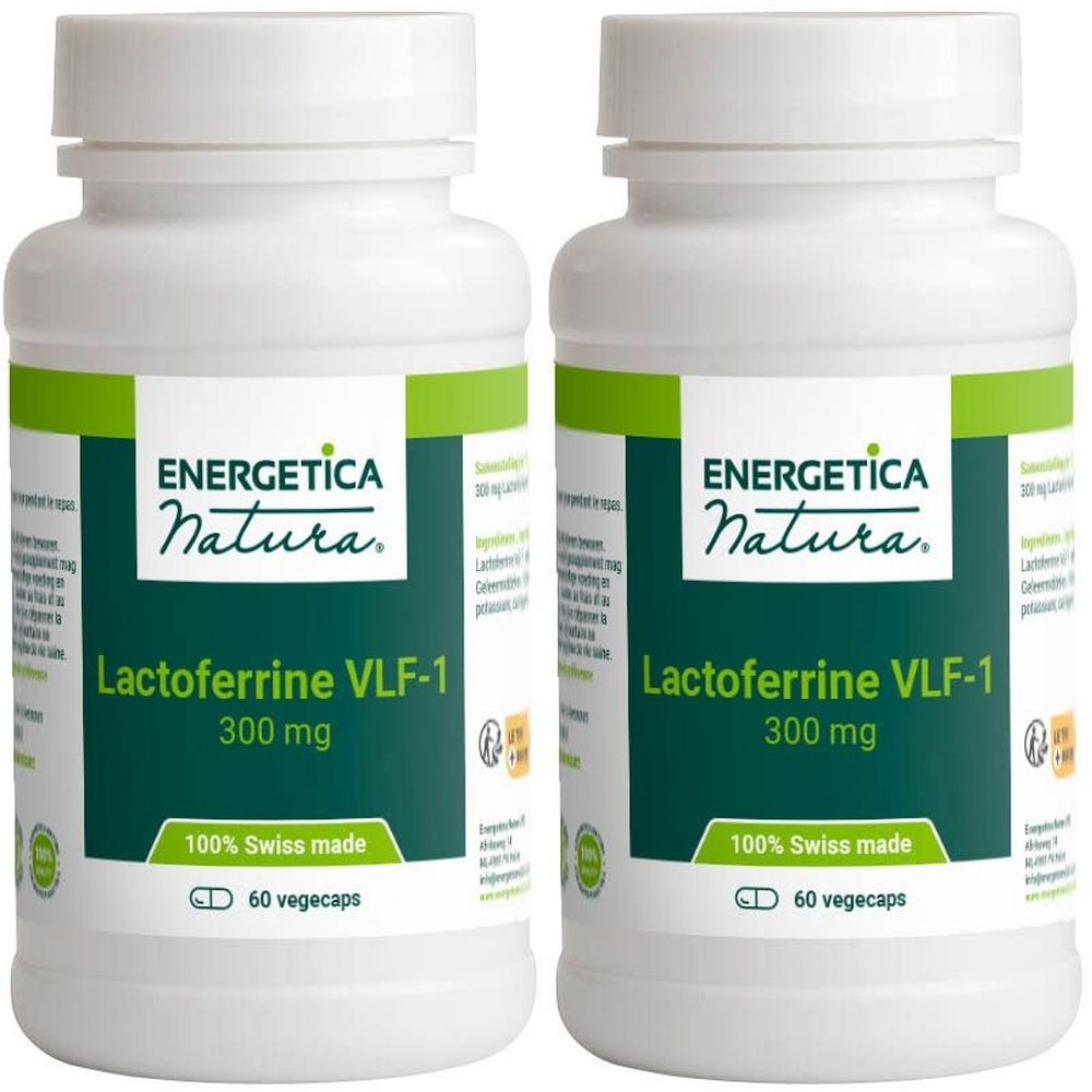 Twee witte flessen met groen etiket. Opschrift: Energetica Natura Lactoferrine VLF-1, 300 mg, 100% Swiss made, 60 vegecaps.