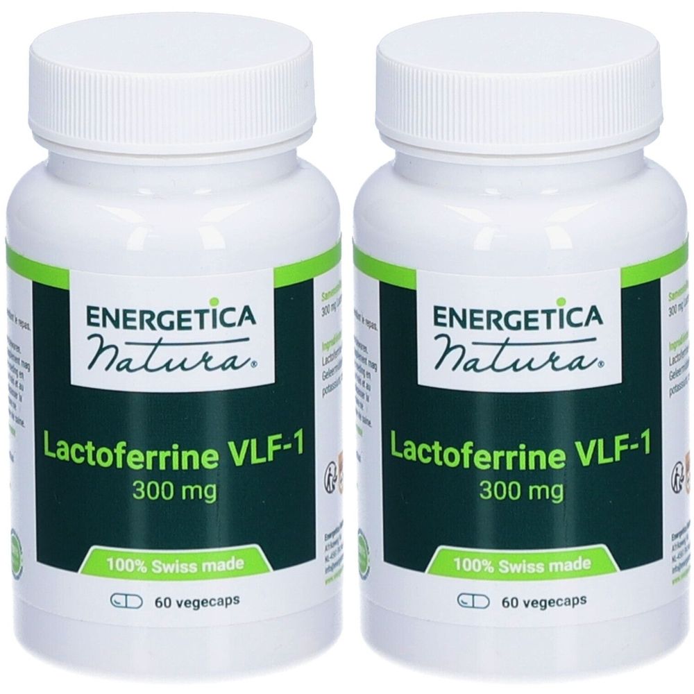 Twee witte flessen met groene etiketten. Opschrift: ENERGETICA NATURA Lactoferrine VLF-1, 300 mg, 100% Swiss made, 60 vegecaps.