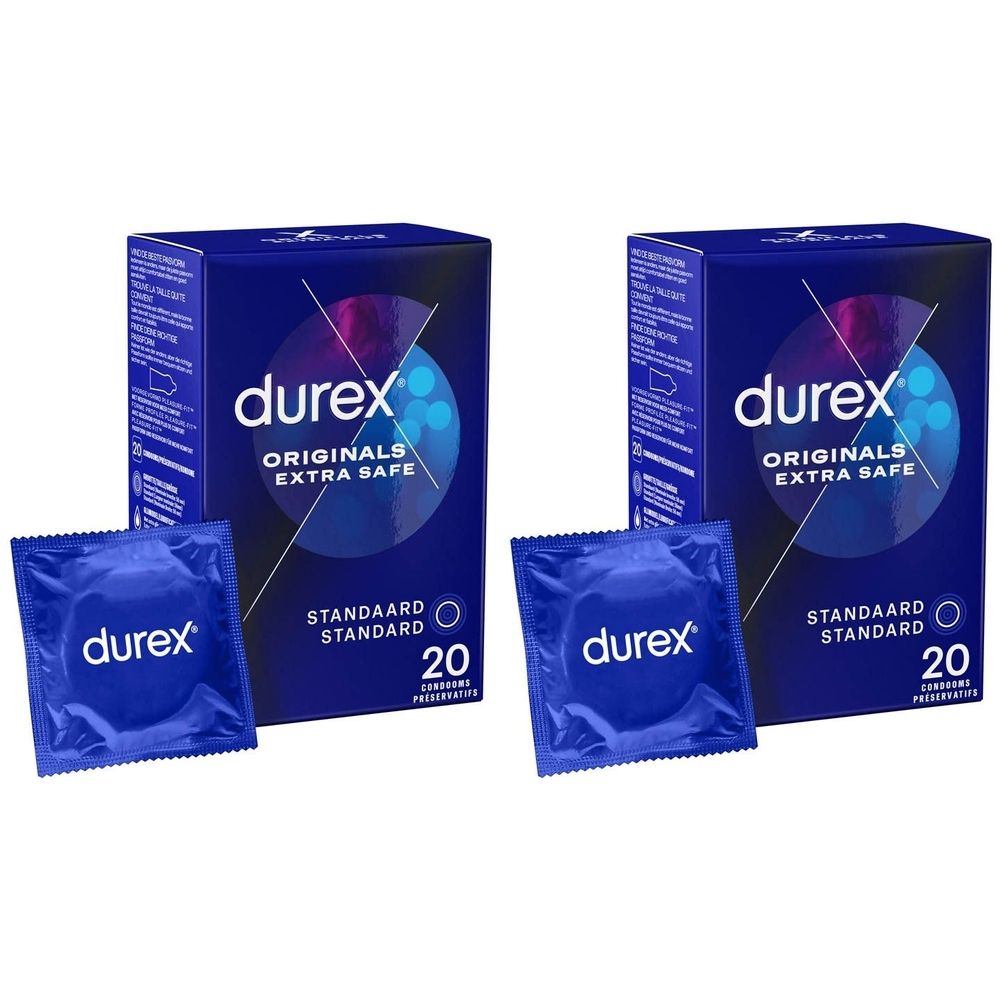 Deux boîtes et deux préservatifs. Sur les boîtes, "durex ORIGINALS EXTRA SAFE". Sur les préservatifs, "durex".