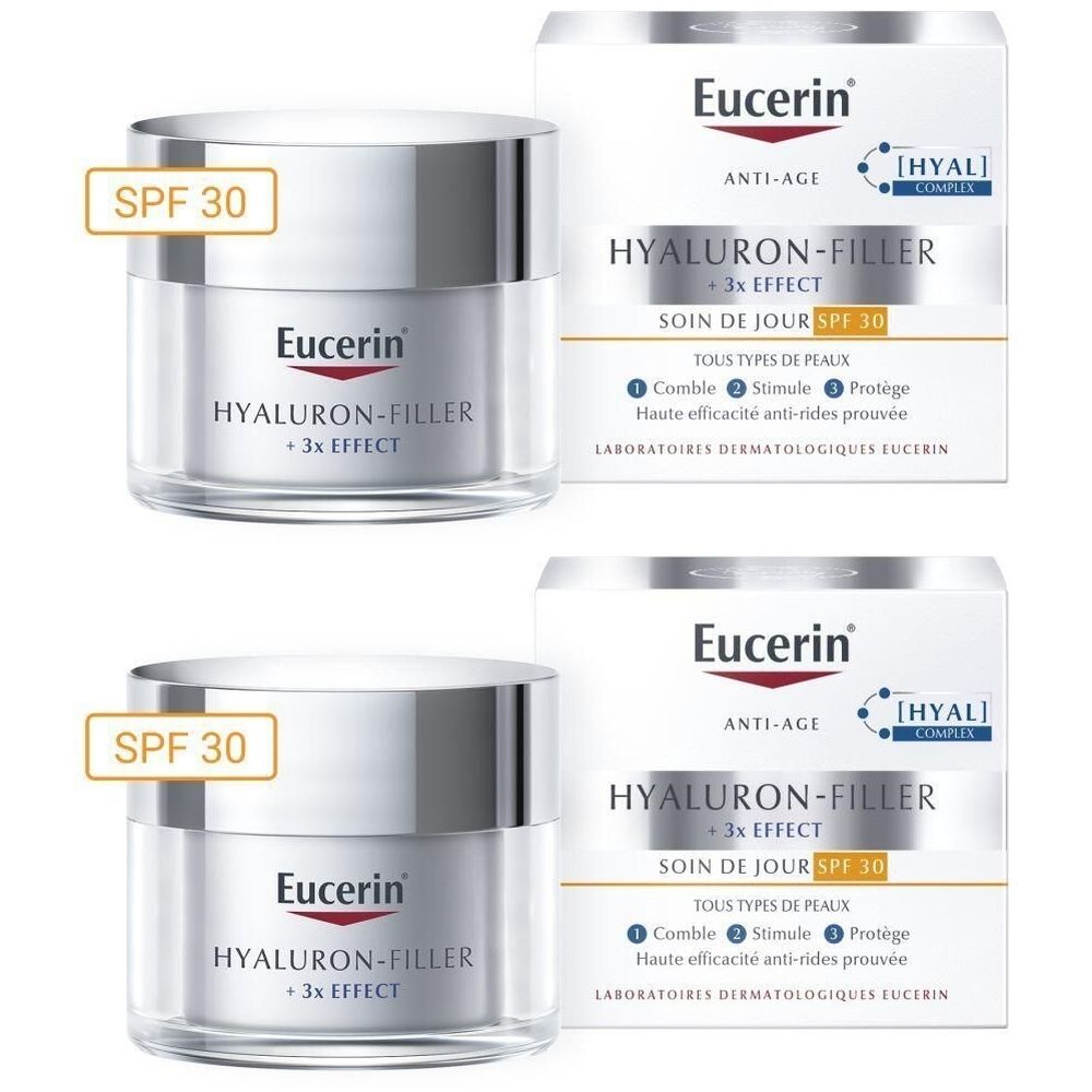 Deux pots Eucerin HYALURON-FILLER + 3x EFFECT Soin de Jour SPF 30 avec emballage. Visible : nom du produit, SPF 30.