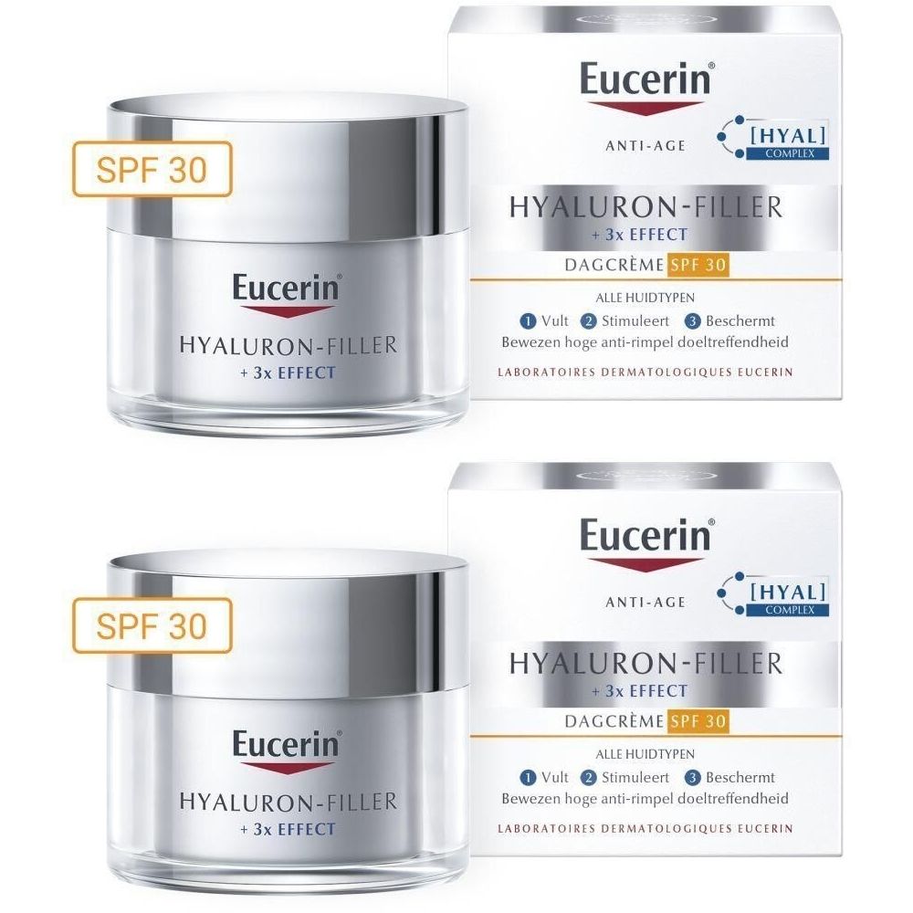 Twee potjes Eucerin HYALURON-FILLER + 3x EFFECT Dagcrème SPF 30 met verpakking. Zichtbaar: productnaam, SPF 30.