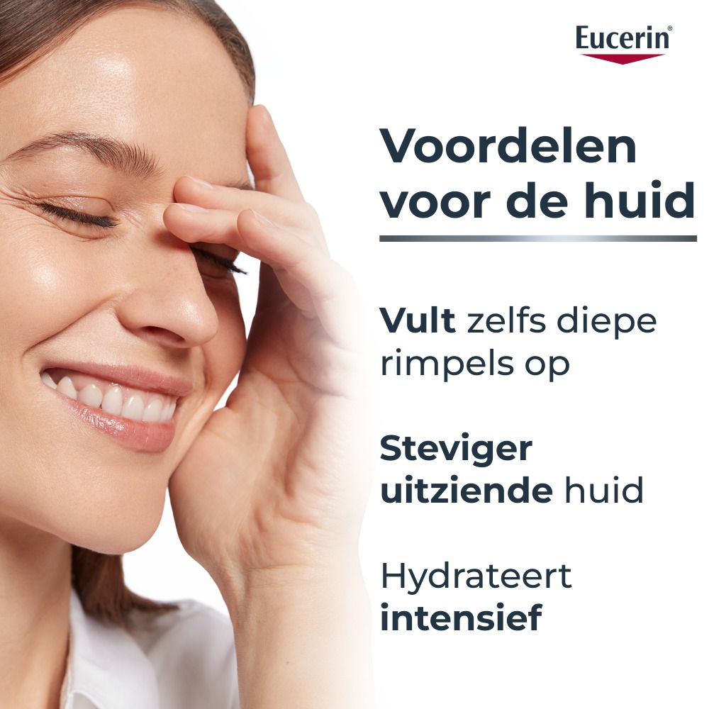 Vrouw ogen gesloten, voordelen huid: vult diepe rimpels, stevigere huid, hydrateert intensief.