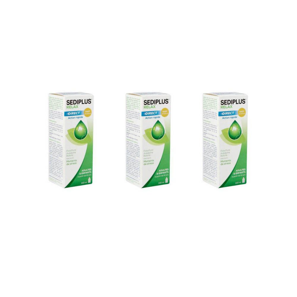 Drie dozen Sediplus Relax Direct. Witte verpakking met groene en gele accenten. Druppelsymbool.