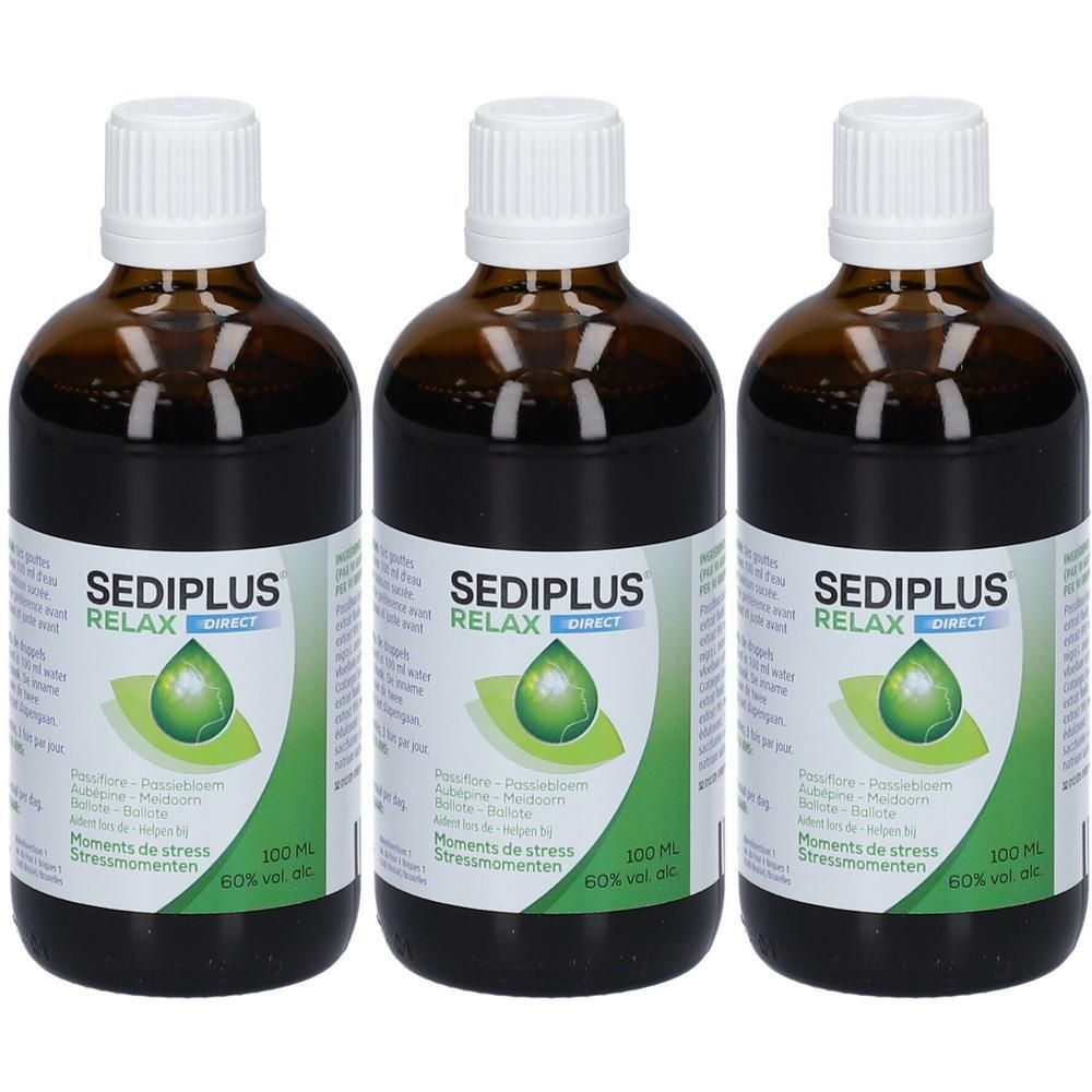 Drie bruine glazen flessen met witte dop, elk 100 ml, met Sediplus Relax Direct etiket.