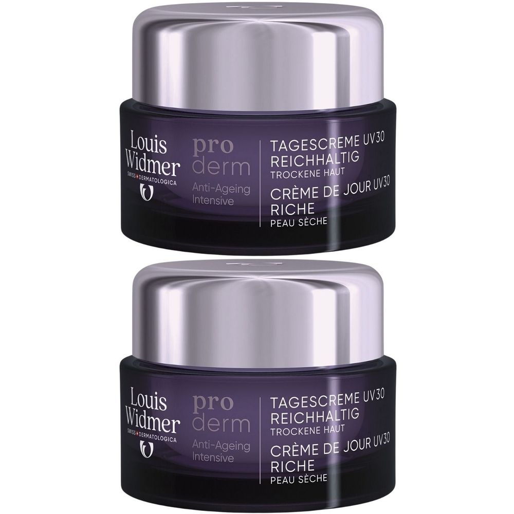 Twee crèmepotten met zilveren deksel. Opschrift: Louis Widmer Proderm Anti-Ageing Intensive Crème de Jour UV30. Voor de droge huid.
