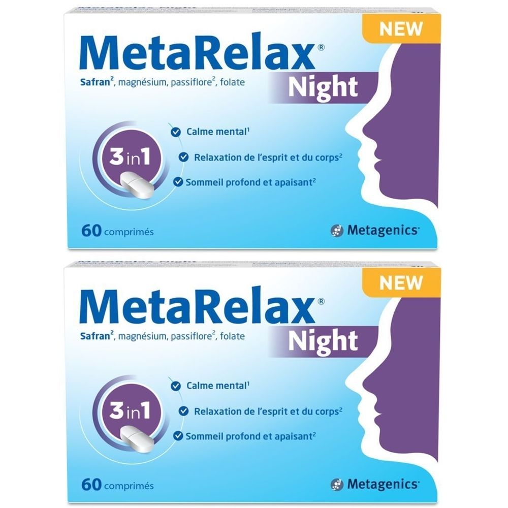 Twee dozen MetaRelax® Night. Opschrift: Saffraan, magnesium, passiebloem, folaat. 60 tabletten. Illustratie van een profiel.