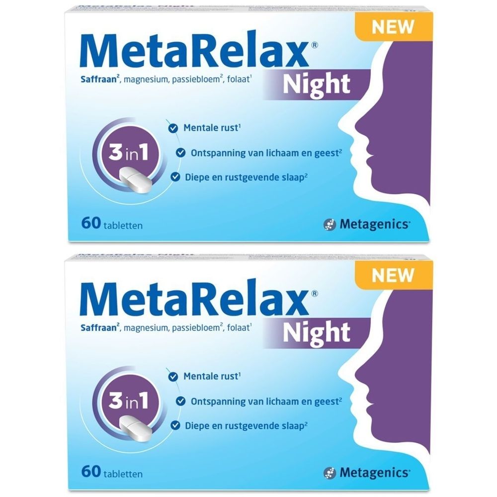 Twee dozen MetaRelax® Night. Opschrift: Saffraan, magnesium, passiebloem, folaat. 60 tabletten. Illustratie van een profiel.