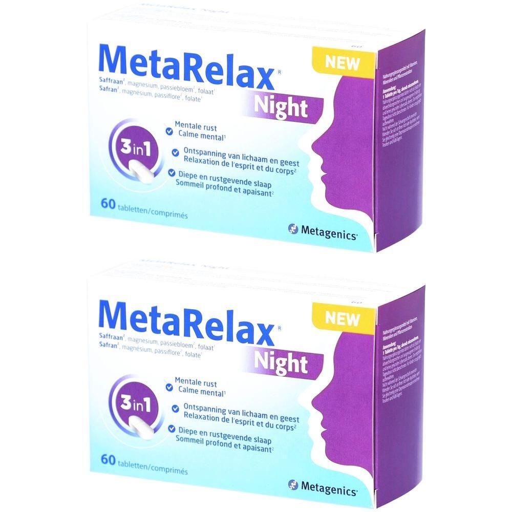 Twee dozen MetaRelax Night. Opschrift: 3 in 1, 60 tabletten. Paarse en witte verpakking met profiel van een persoon.